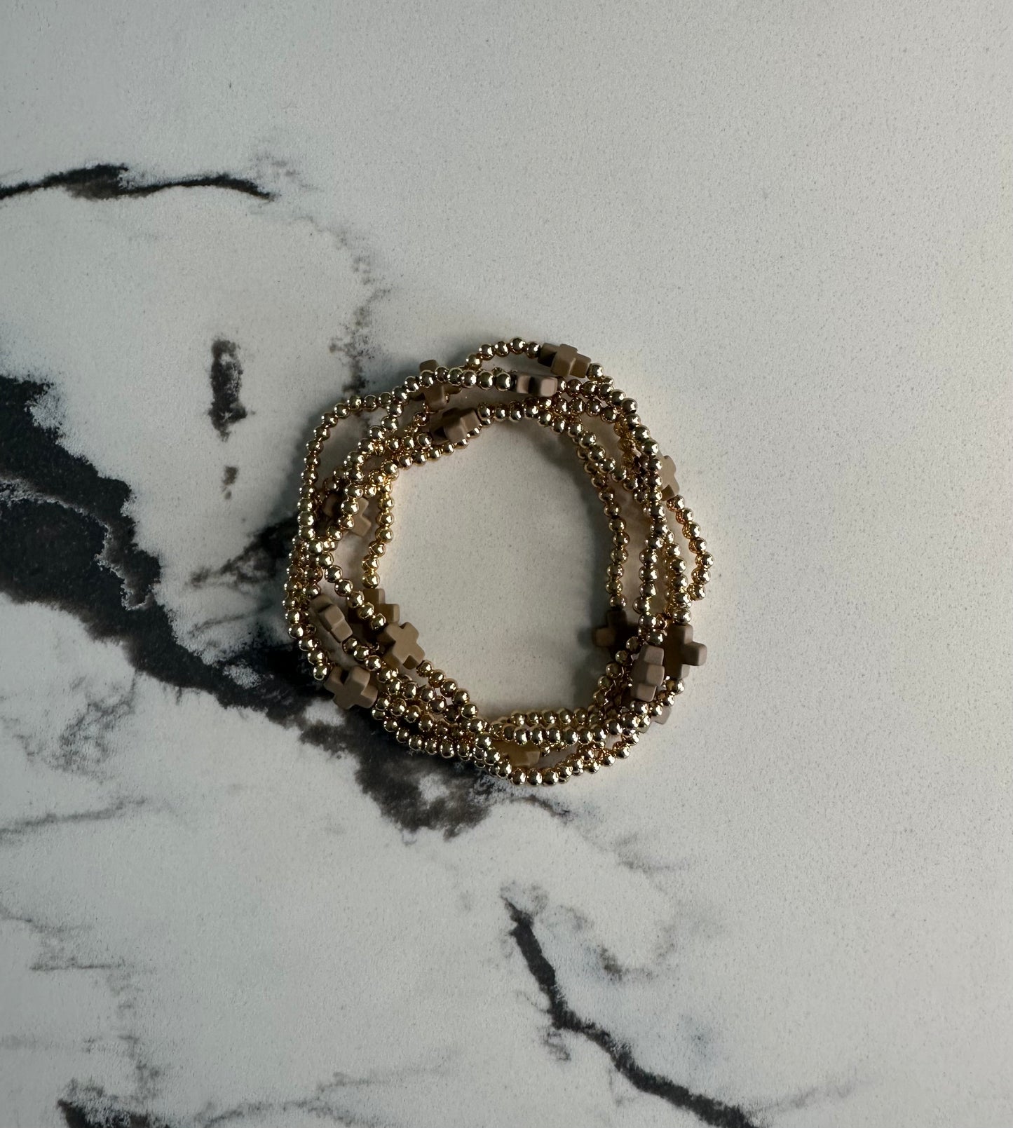 Cross Stretch Bracelet Set - Gold/Taupe