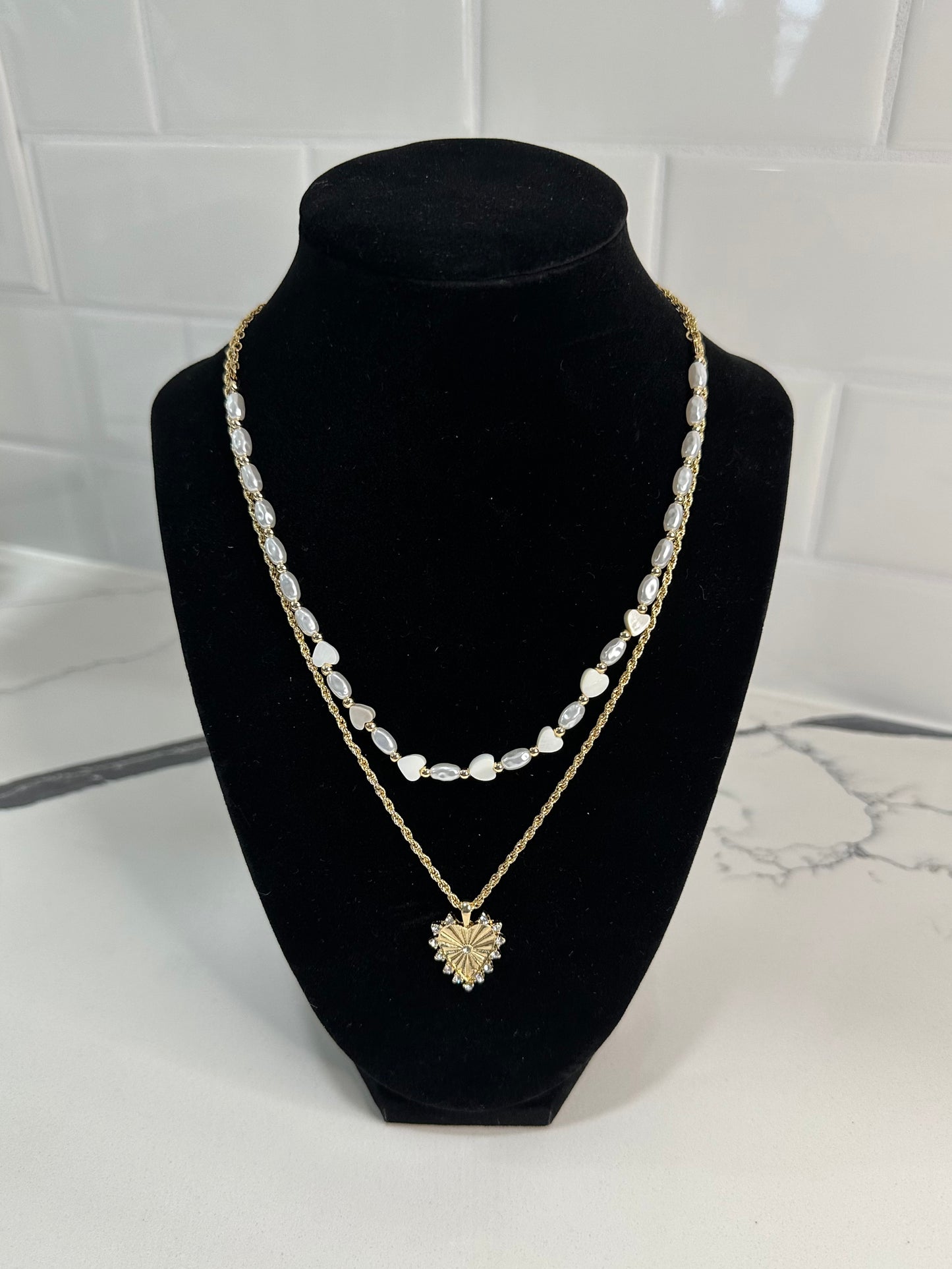 Gold & Pearl Double Layered Heart Necklace