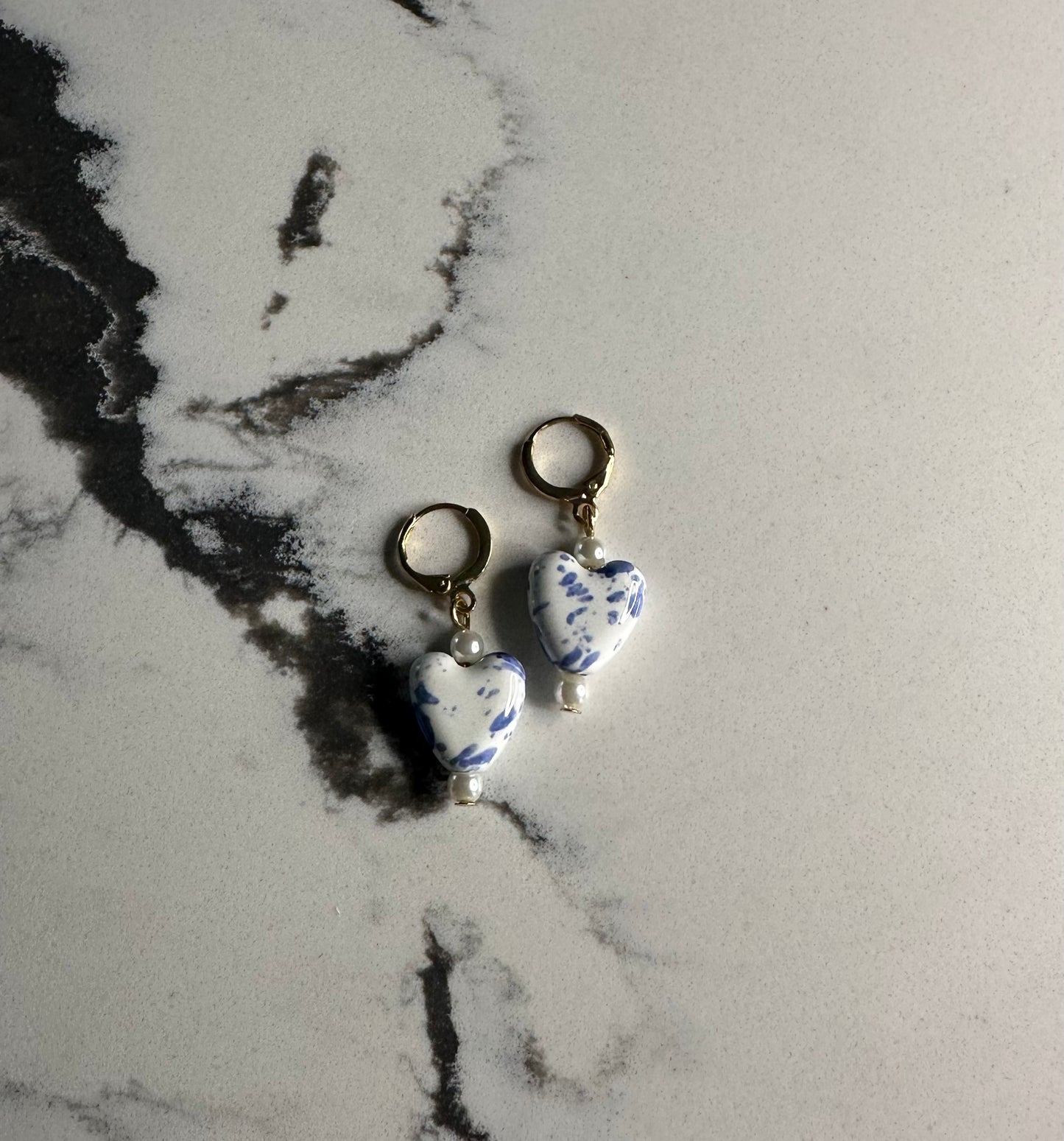 Blue & White Ceramic Pearl Drop Earrings