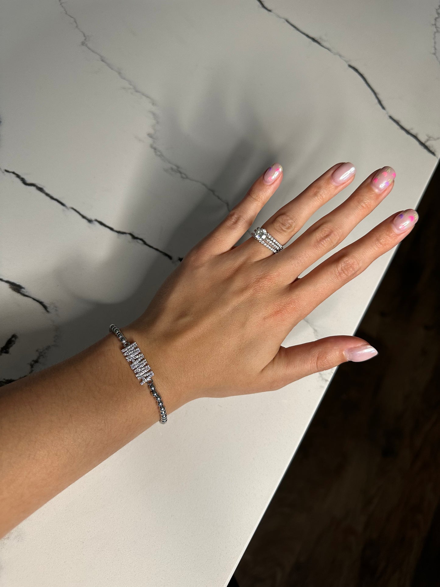 Mama Rhinestone Stretch Bracelet- Silver