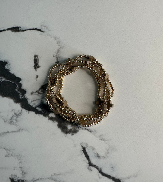 Cross Stretch Bracelet Set - Gold/Taupe