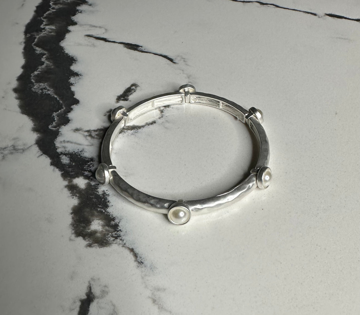 Silver Hammered Pearl Bangle