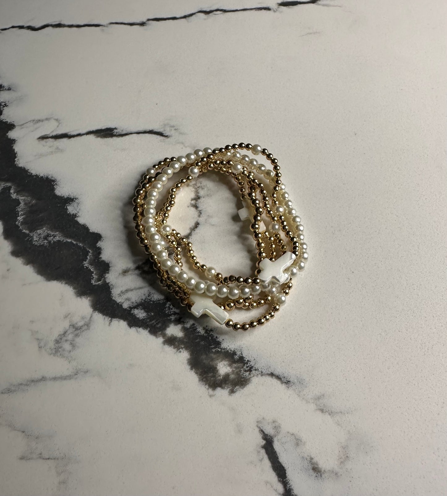 Pearl Cross Stretch Bracelet Set - Gold