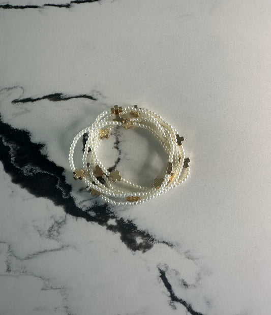 Cross Stretch Bracelet Set - Gold/Pearl