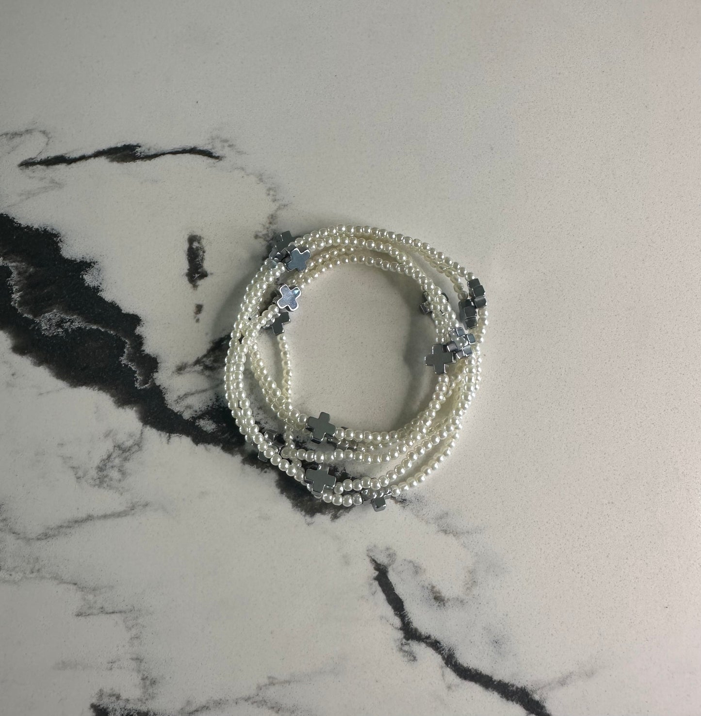 Cross Stretch Bracelet Set - Silver/Pearl