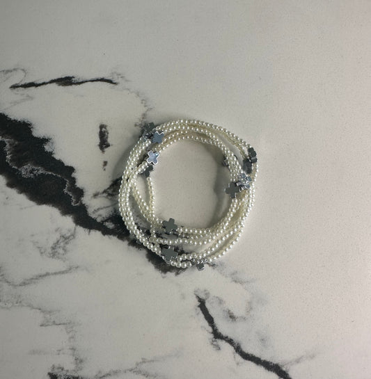 Cross Stretch Bracelet Set - Silver/Pearl