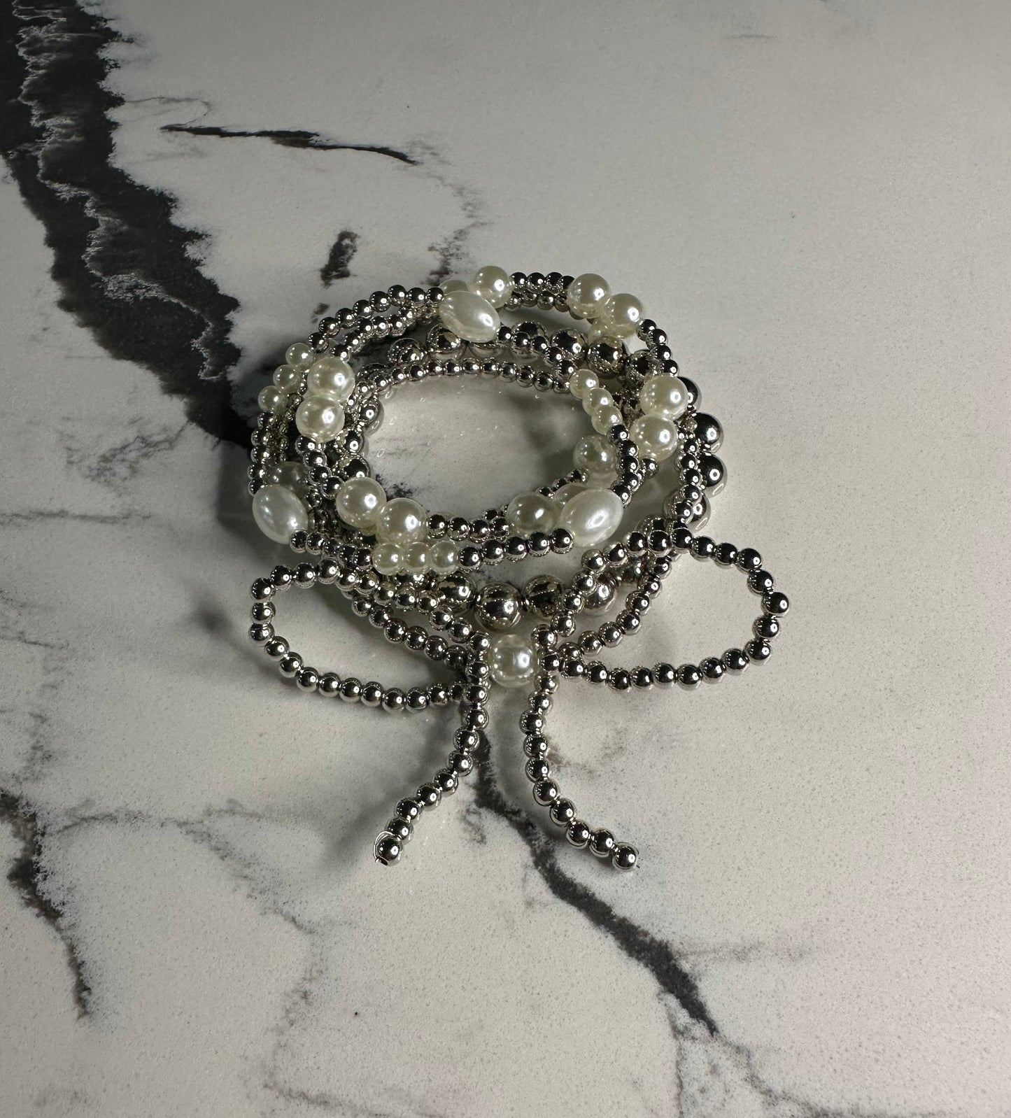 Silver Bow Pearl Bracelet Set