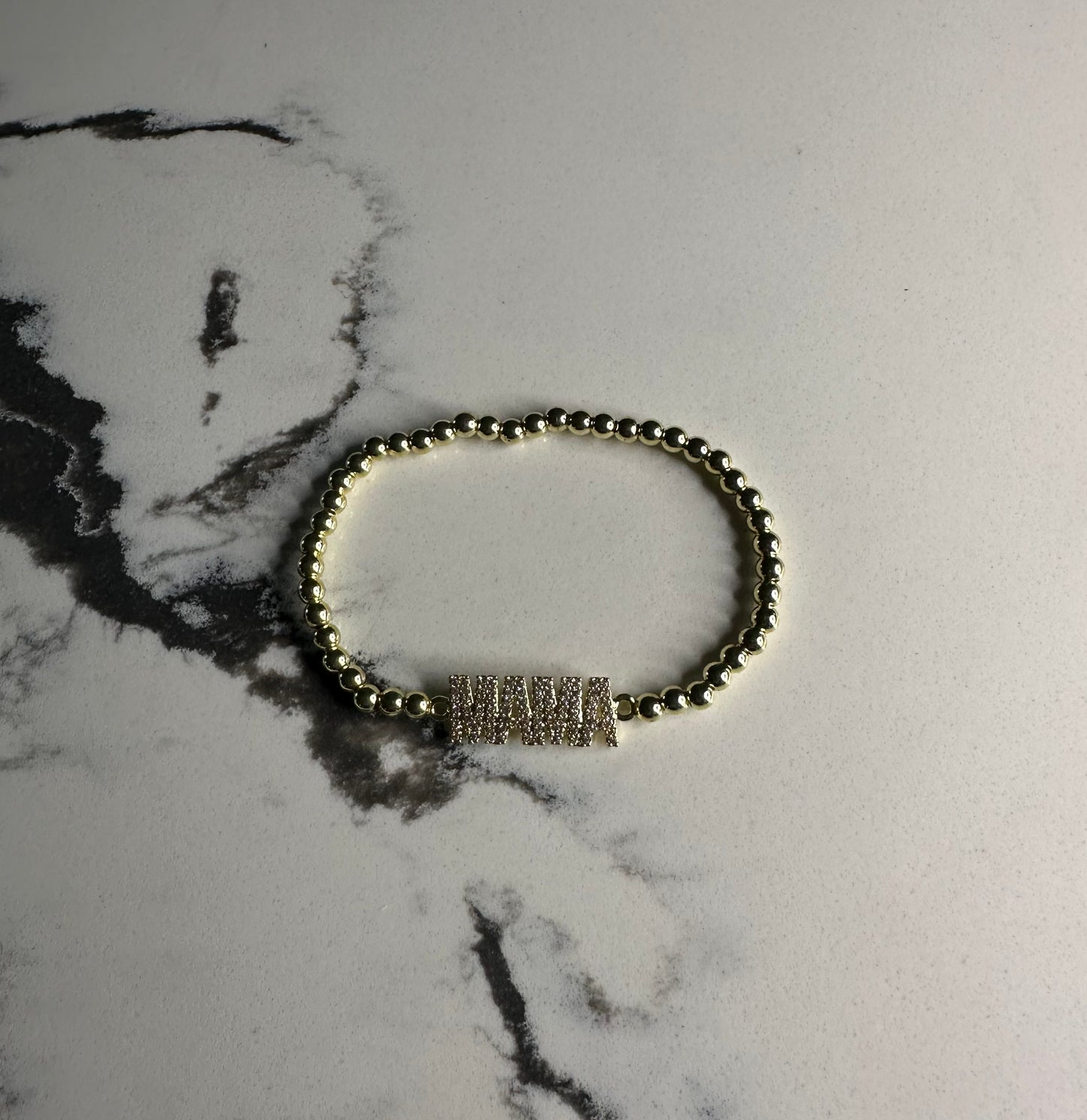 Mama Rhinestone Stretch Bracelet- Gold