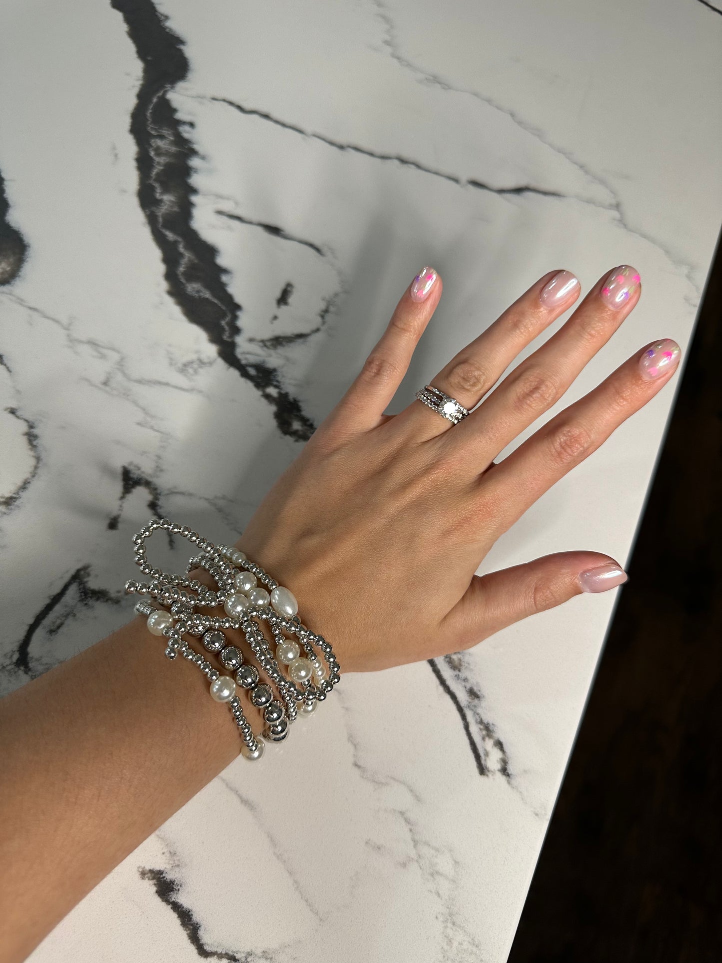 Silver Bow Pearl Bracelet Set