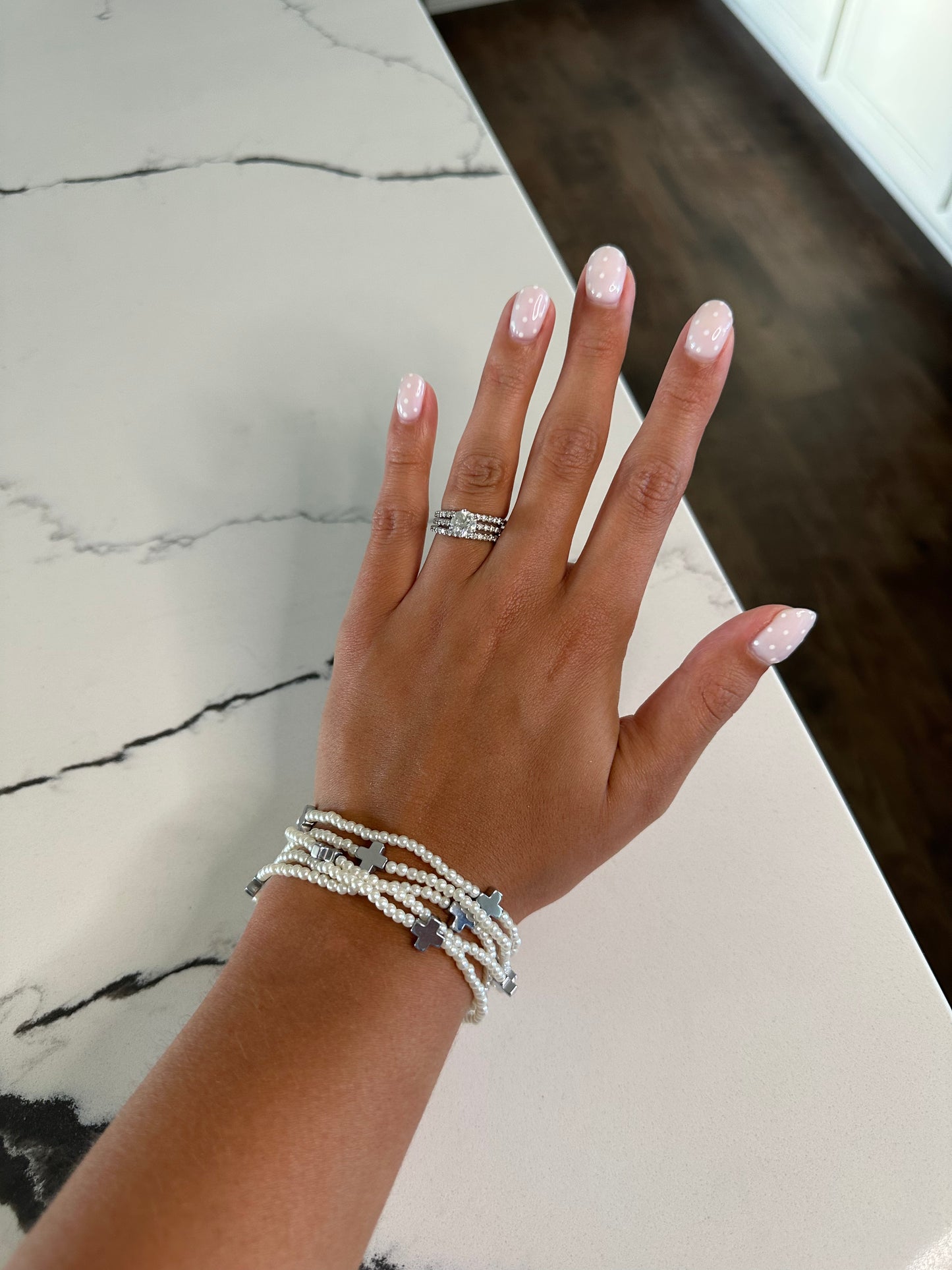 Cross Stretch Bracelet Set - Silver/Pearl